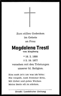 Sterbebildchen Magdalena Trestl, *18.02.1880 †05.10.1977