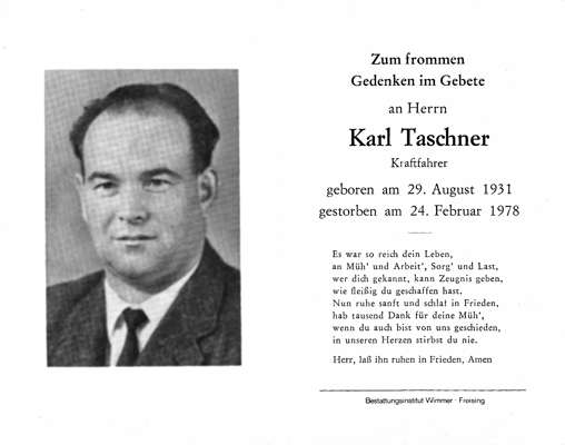 Sterbebildchen Karl Taschner, *29.08.1931 †24.02.1978