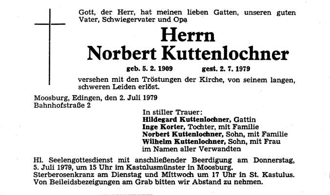 Todesanzeige Norbert Kuttenlochner, *05.02.1909 †02.07.1979