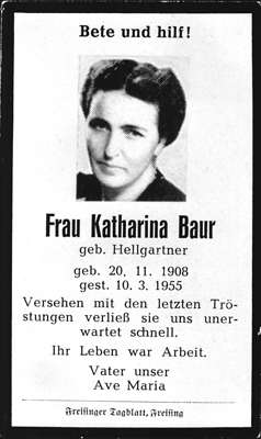 Sterbebildchen Katharina Baur, *20.11.1908 †10.03.1955