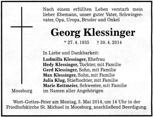 Todesanzeige Georg Klessinger, *27.04.1935 †30.04.2014
