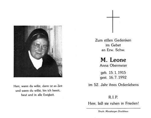 Sterbebildchen M. Leone, Anna Obermeier, *15.01.1915 †16.07.1992
