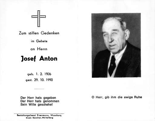 Sterbebildchen Josef Anton, *01.02.1906 †29.10.1990