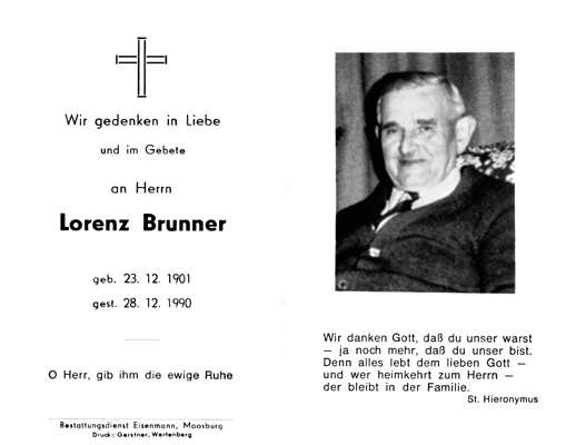 Sterbebildchen Lorenz Brunner, *23.12.1901 †28.12.1990