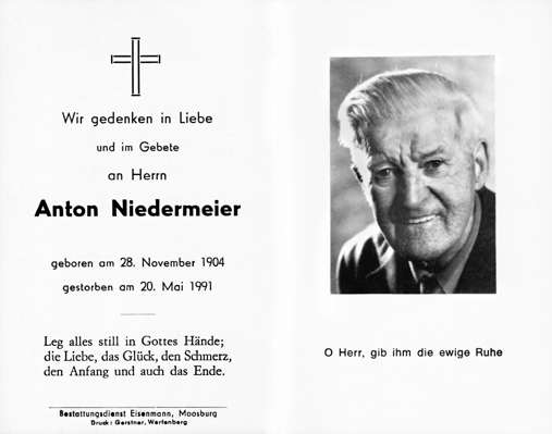 Sterbebildchen Anton Niedermeier, *28.11.1904 †20.05.1991