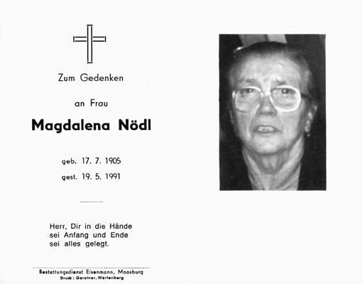 Sterbebildchen Magdalena Ndl, *17.07.1905 †19.05.1991