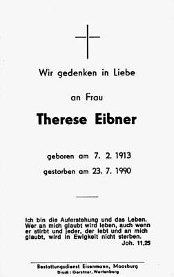 Sterbebildchen Therese Eibner, *07.02.1913 †23.07.1990