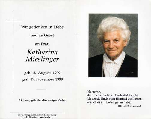 Sterbebildchen Katharina Mieslinger, *02.08.1909 †19.11.1999