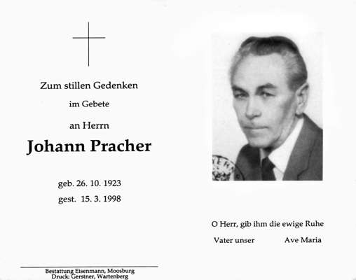 Sterbebildchen Johann Pracher, *26.10.1923 †15.03.1998