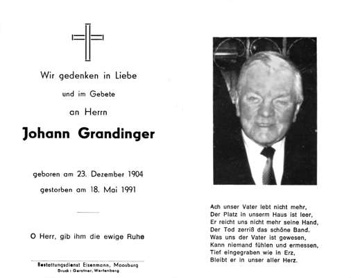 Sterbebildchen Johann Grandinger, *23.12.1904 †18.05.1991