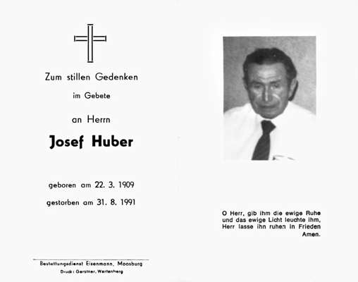 Sterbebildchen Josef Huber, *22.03.1909 †31.08.1991