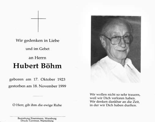 Sterbebildchen Hubert Bhm, *17.10.1923 †18.11.1999
