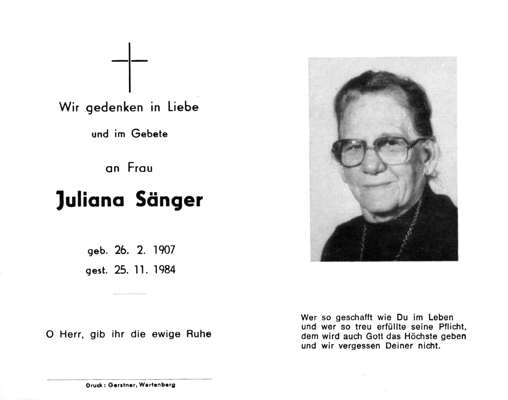 Sterbebildchen Juliana Snger, *26.02.1907 †25.11.1984