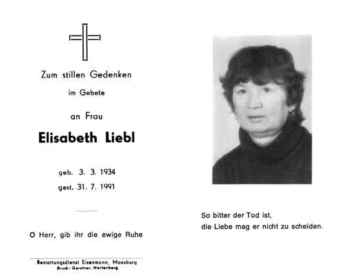 Sterbebildchen Elisabeth Liebl, *03.03.1934 †31.07.1991