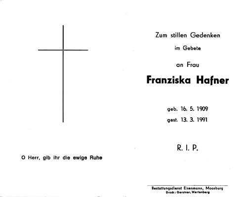 Sterbebildchen Franziska Hafner, *16.05.1909 †13.03.1991