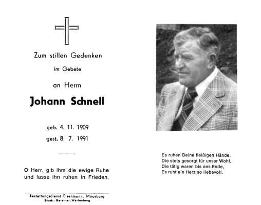 Sterbebildchen Johann Schnell, *04.11.1909 †08.07.1991
