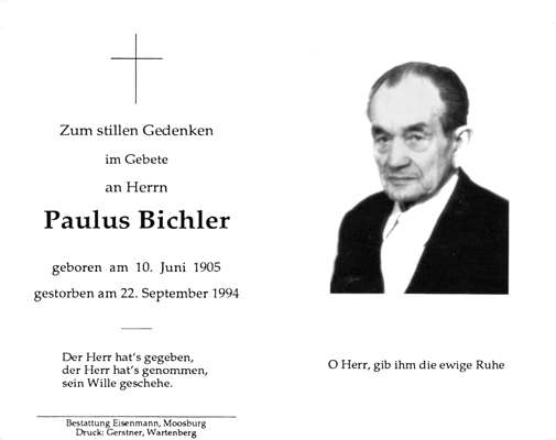 Sterbebildchen Paulus Bichler, *10.06.1905 †22.09.1994