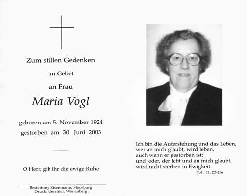 Sterbebildchen Maria Vogl, *05.11.1924 †30.06.2003