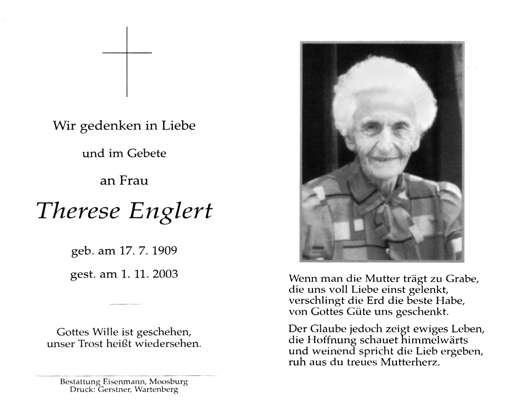 Sterbebildchen Therese Englert, *17.07.1909 †01.11.2003