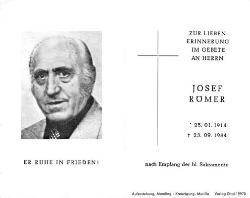 Sterbebildchen Josef Rmer, *25.01.1914 †23.09.1984