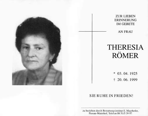 Sterbebildchen Theresia Rmer, *03.04.1925 †20.06.1999