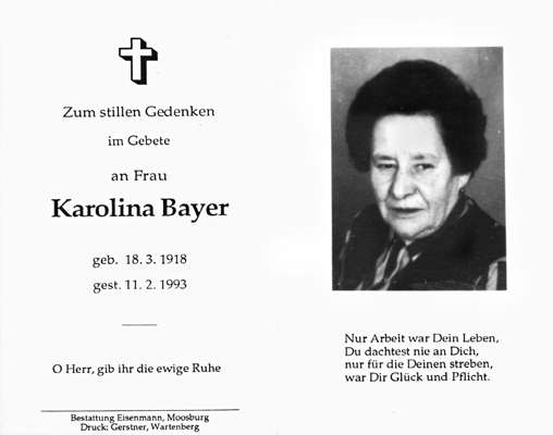 Sterbebildchen Karolina Bayer, *18.03.1918 †11.02.1993