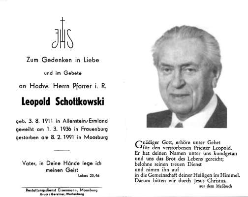 Sterbebildchen H.H. Leopold Schottkowski, *03.08.1911 †08.02.1991