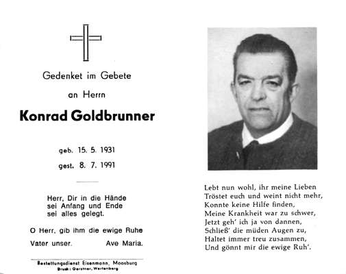 Sterbebildchen Konrad Goldbrunner, *15.05.1931 †08.07.1991