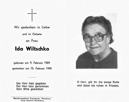 Sterbebildchen Ida Wiltschko, *09.02.1909 †15.02.1990