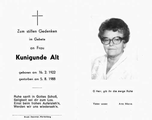 Sterbebildchen Kunigunde Alt, *16.02.1922 †05.08.1988