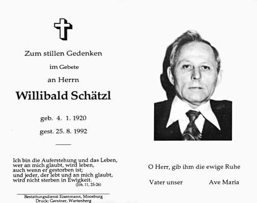 Sterbebildchen Willibald Schtzl, *04.01.1920 †25.08.1992
