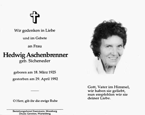 Sterbebildchen Hedwig Aschenbrenner, *18.03.1925 †29.04.1992