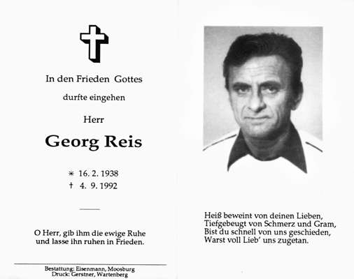 Sterbebildchen Georg Reis, *16.02.1938 †04.09.1992