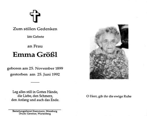 Sterbebildchen Emma Grl, *25.11.1899 †25.06.1992