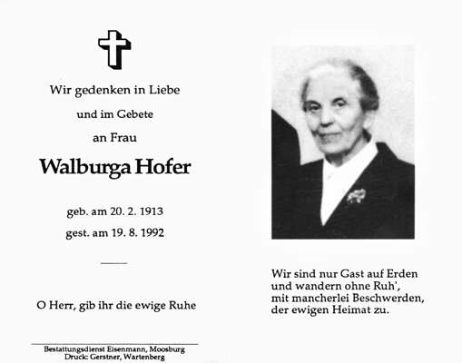 Sterbebildchen Walburga Hofer, *20.02.1913 †19.08.1992