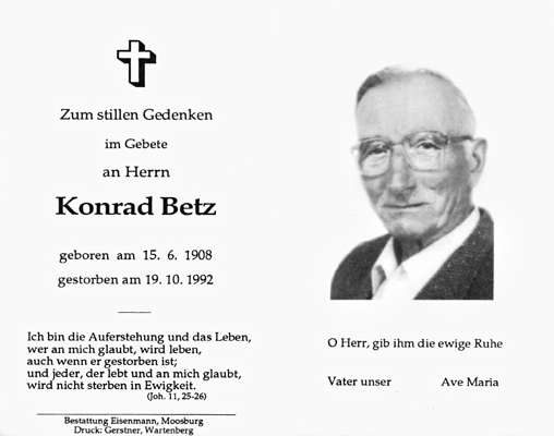 Sterbebildchen Konrad Betz, *15.06.1908 †19.10.1992