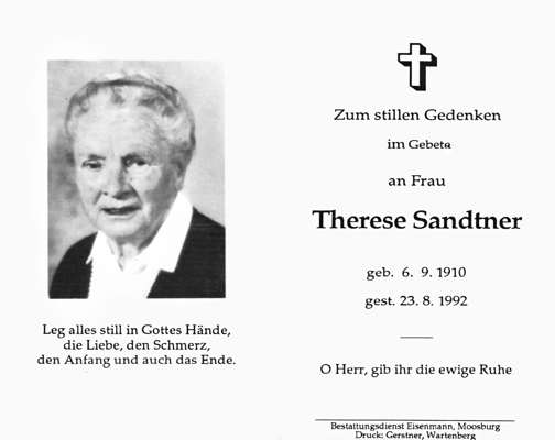 Sterbebildchen Therese Sandtner, *06.09.1910 †23.08.1992