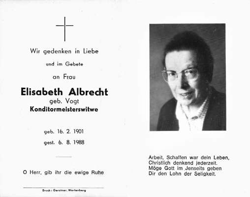 Sterbebildchen Elisabeth Albrecht, *16.02.1901 †06.08.1988