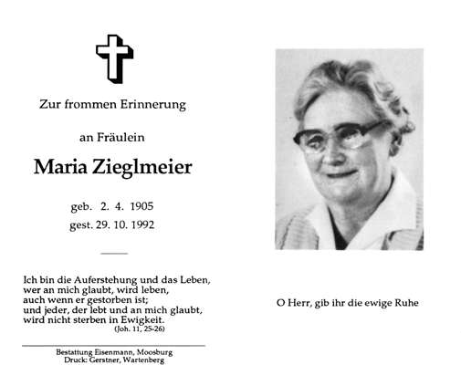 Sterbebildchen Maria Zieglmeier, *02.04.1905 †29.10.1992
