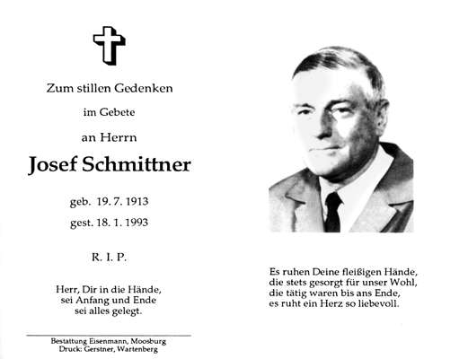 Sterbebildchen Josef Schmittner, *19.07.1913 †18.01.1993
