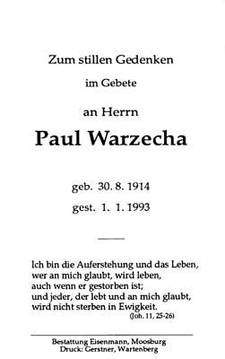 Sterbebildchen Paul Warzecha, *30.08.1914 †01.01.1993