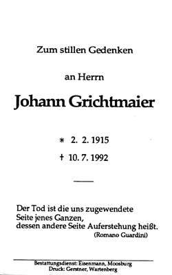 Sterbebildchen Johann Grichtmaier, *02.02.1915 †10.07.1992