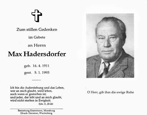 Sterbebildchen Max Hadersdorfer, *16.04.1911 †05.01.1993