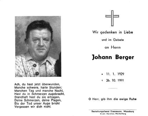 Sterbebildchen Johann Berger, *11.01.1929 †26.10.1991