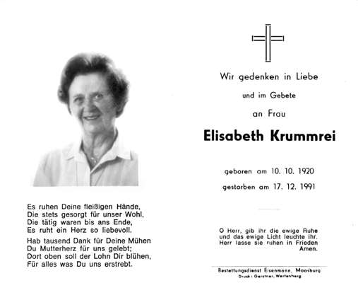 Sterbebildchen Elisabeth Krummrei, *10.10.1920 †17.12.1991