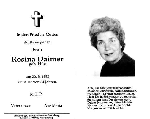 Sterbebildchen Rosina Daimer, *1928 †21.08.1992