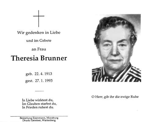 Sterbebildchen Theresia Brunner, *22.04.1913 †27.01.1993