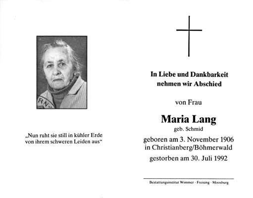 Sterbebildchen Maria Lang, *03.11.1906 †30.07.1992