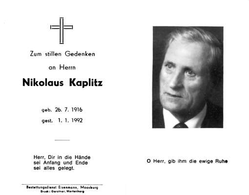 Sterbebildchen Nikolaus Kaplitz, *26.07.1916 †01.01.1992