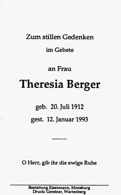 Sterbebildchen Theresia Berger, *20.07.1912 †12.01.1993